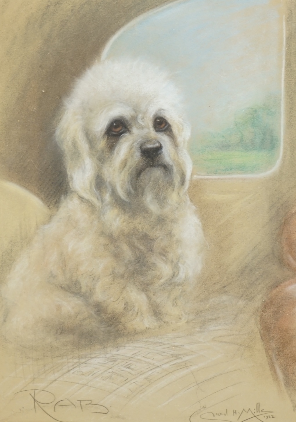 Ernest H Mills, Art Deco heightened chalk, Study of a dog, 'Rab', signed and dated 1932, 50 x 35cm. Condition - fair